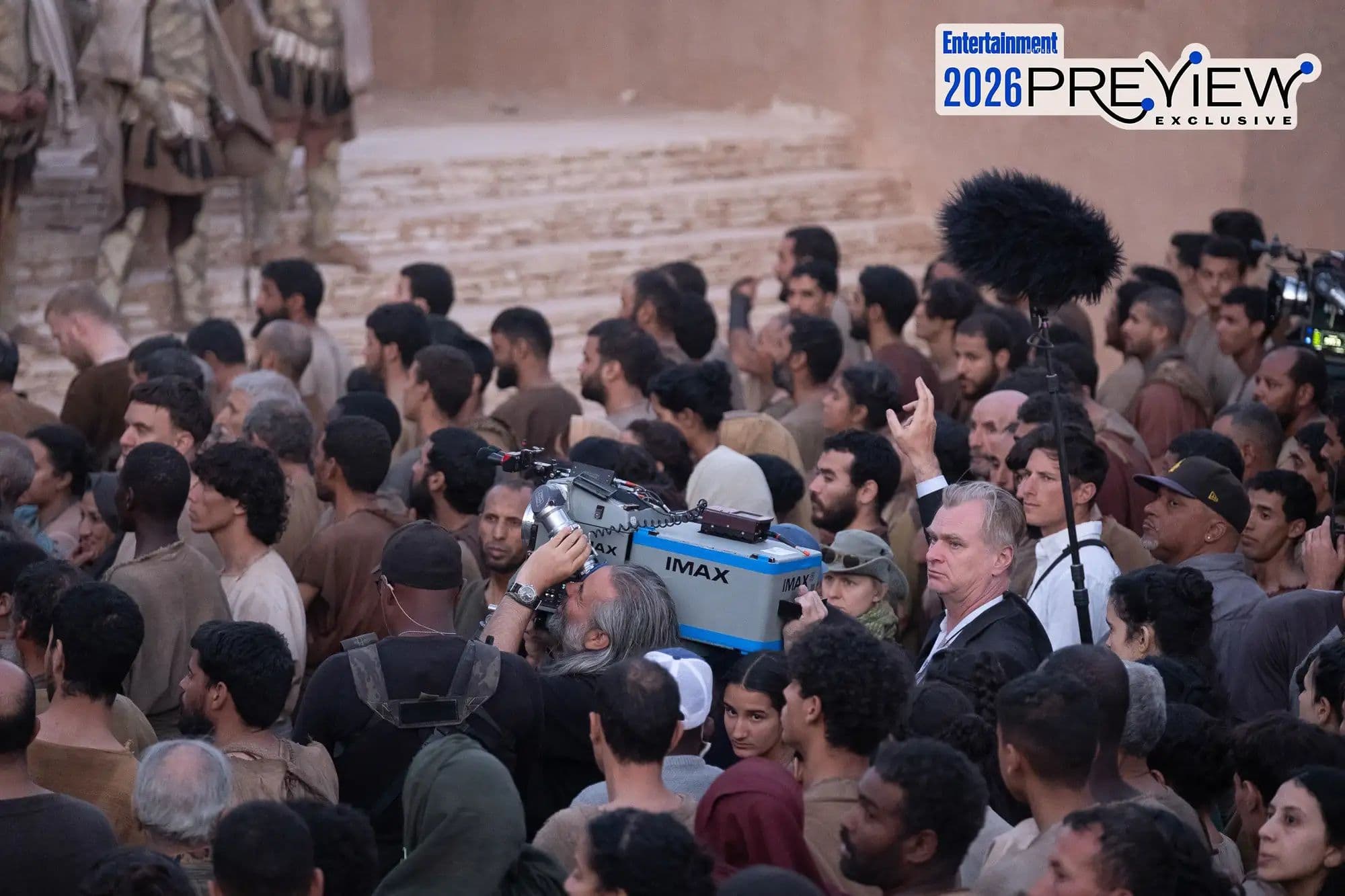 Christopher Nolan directing on set in Messinia