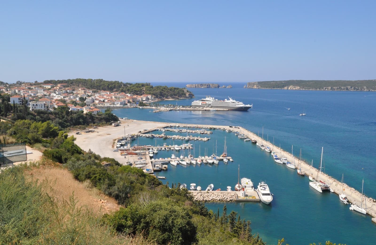 Pylos harbour with Sphacteria island — heart of the Navarino coast